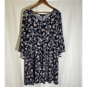 KAREN KANE black multicolor floral v-cut flared sleeves pullover knit dress 1X